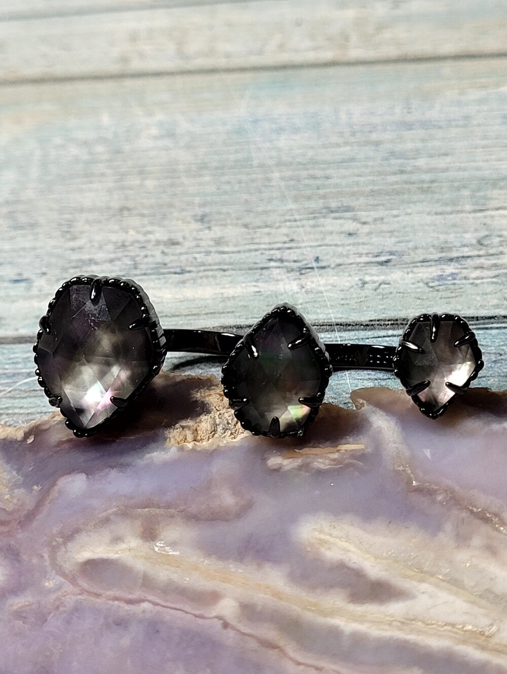 Kenda Scott Naomi Black Triple Teardrop Statement Ring with Smoky Gray Stones